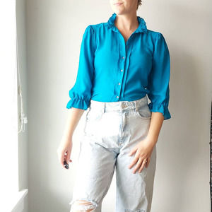 Vintage 80s 90s Ruffle Mock Neck Semi-Sheer Button-Up Blouse